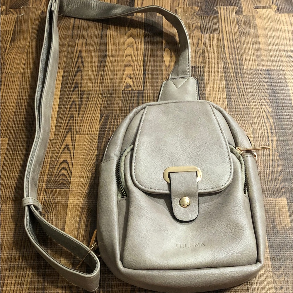 Telena Taupe Mini Slingbag with Front Flap and Gold Hardware